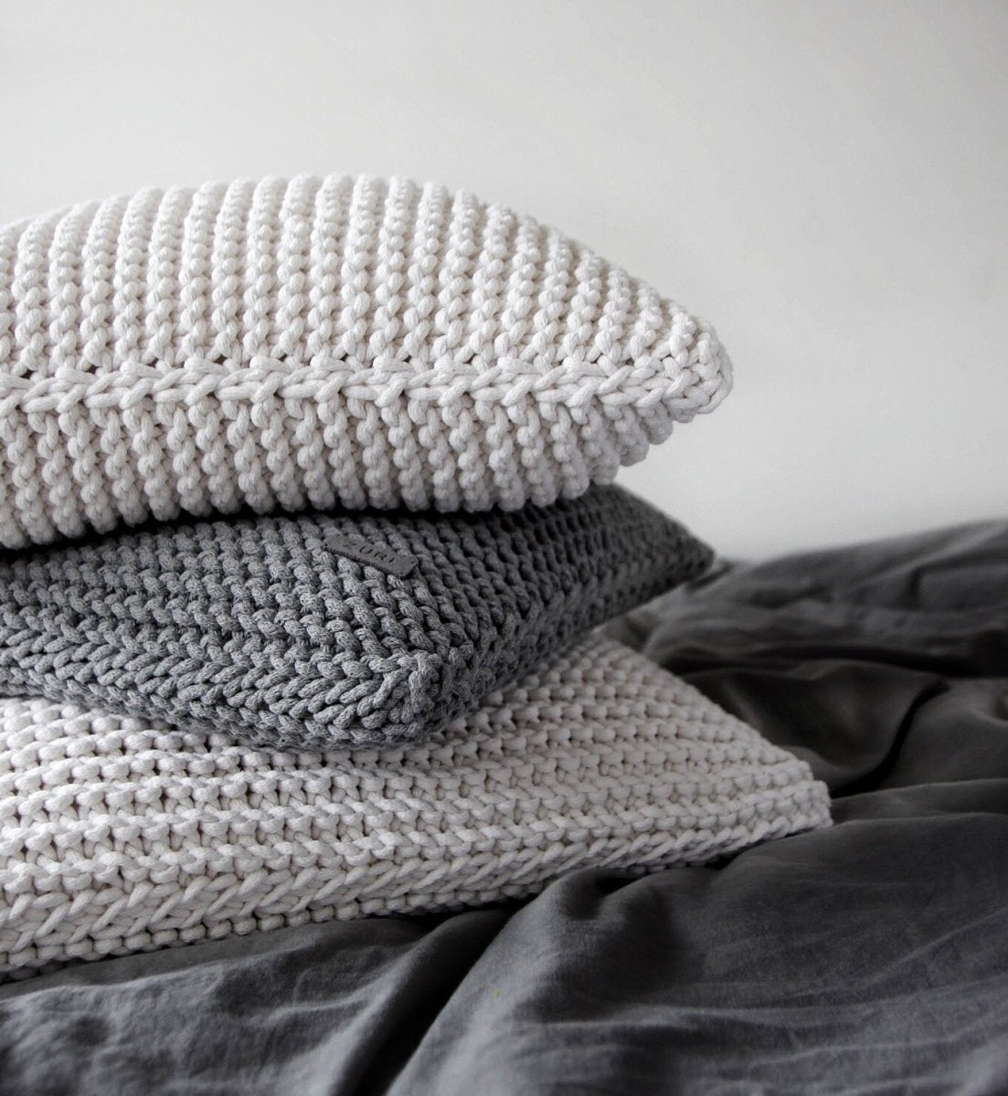 Image of Knitted square cushion | DARK GREY