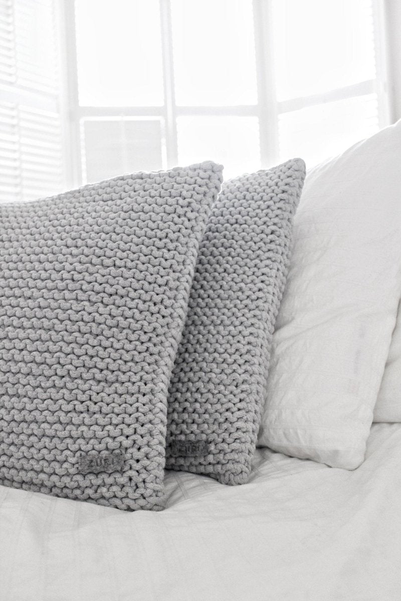 Image of Knitted square cushion | LIGHT GREY
