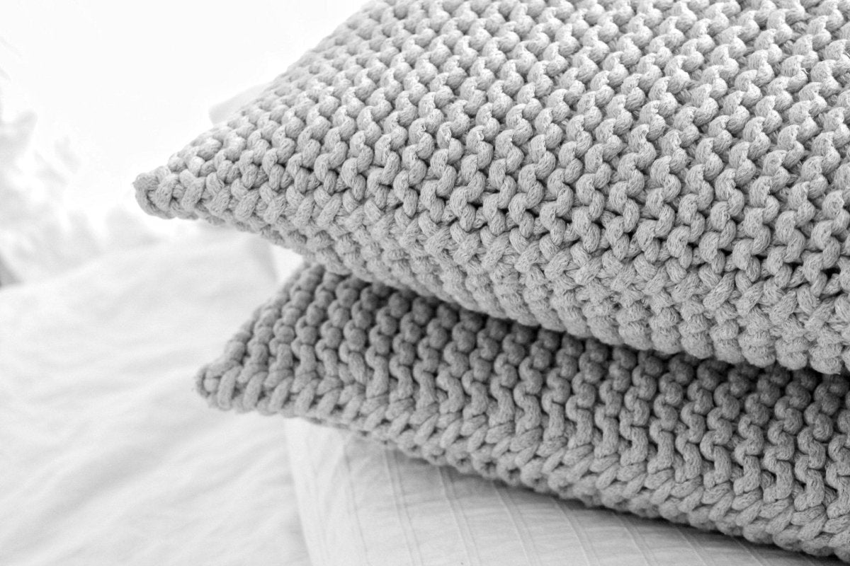 Image of Knitted square cushion | LIGHT GREY