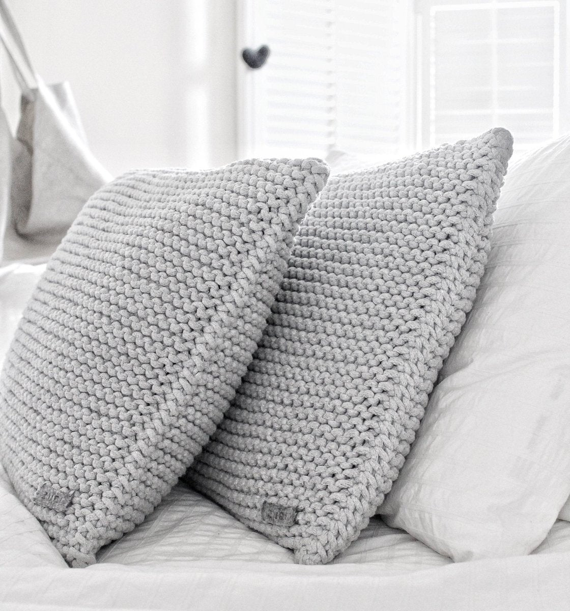 Image of Knitted square cushion | LIGHT GREY