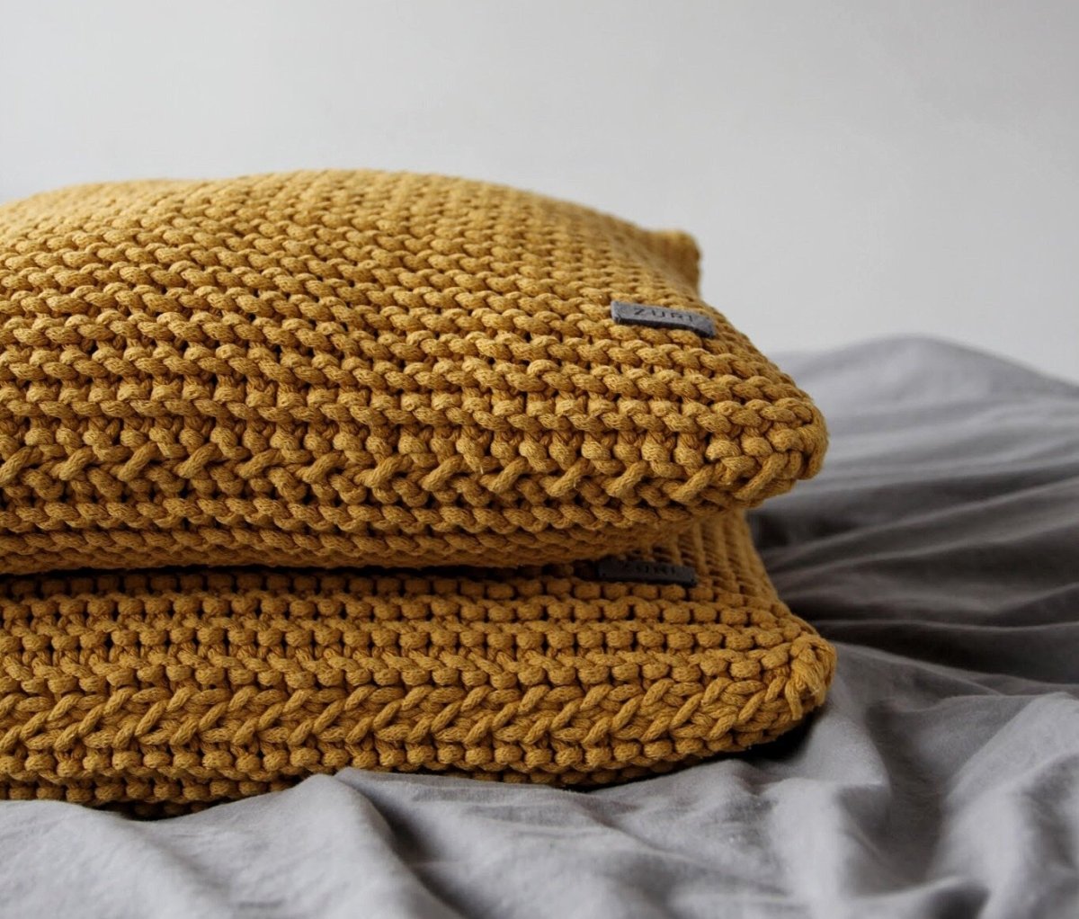 Image of Knitted square cushion | MUSTARD