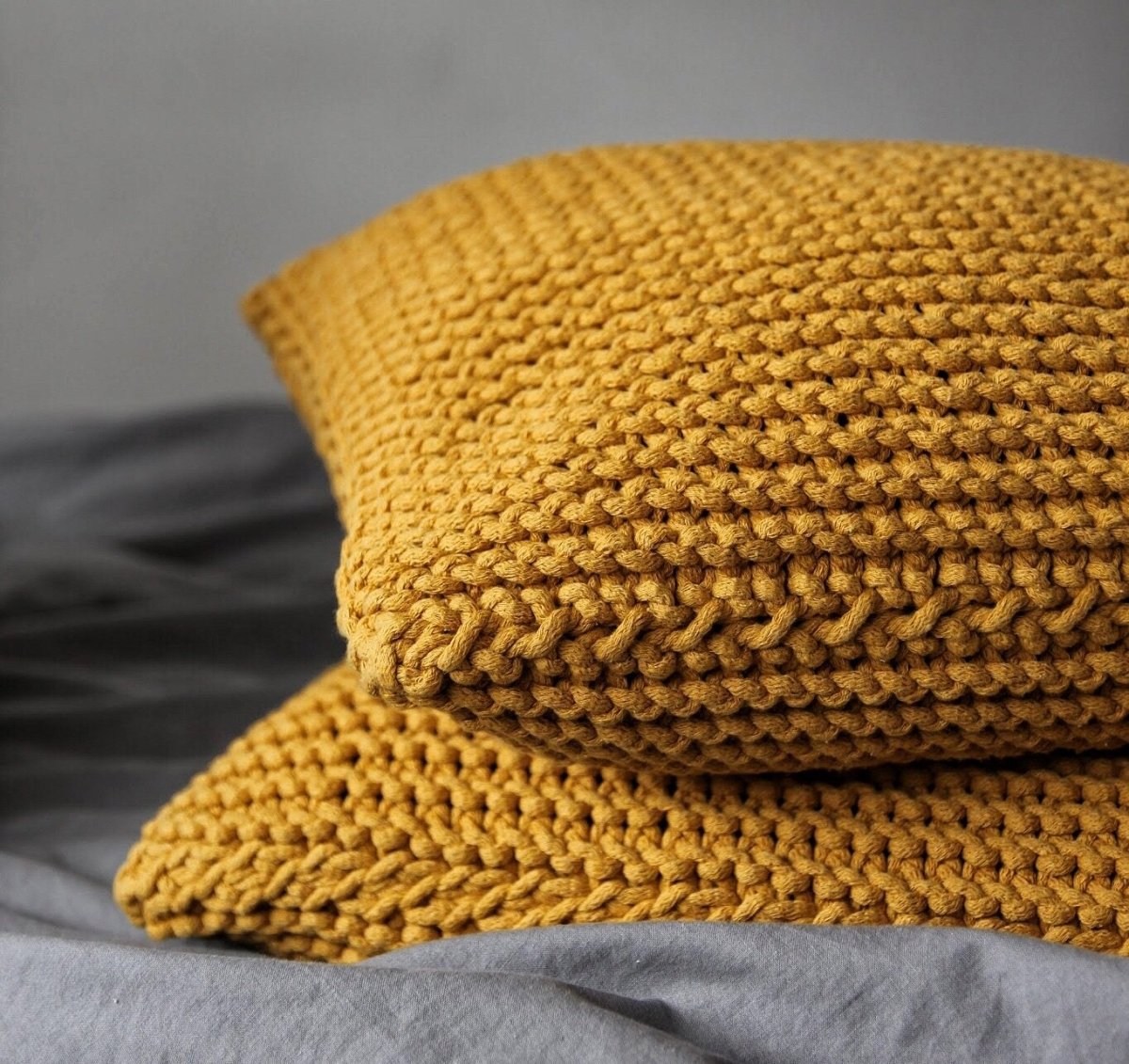 Image of Knitted square cushion | MUSTARD