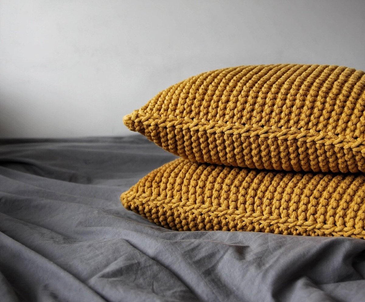 Image of Knitted square cushion | MUSTARD
