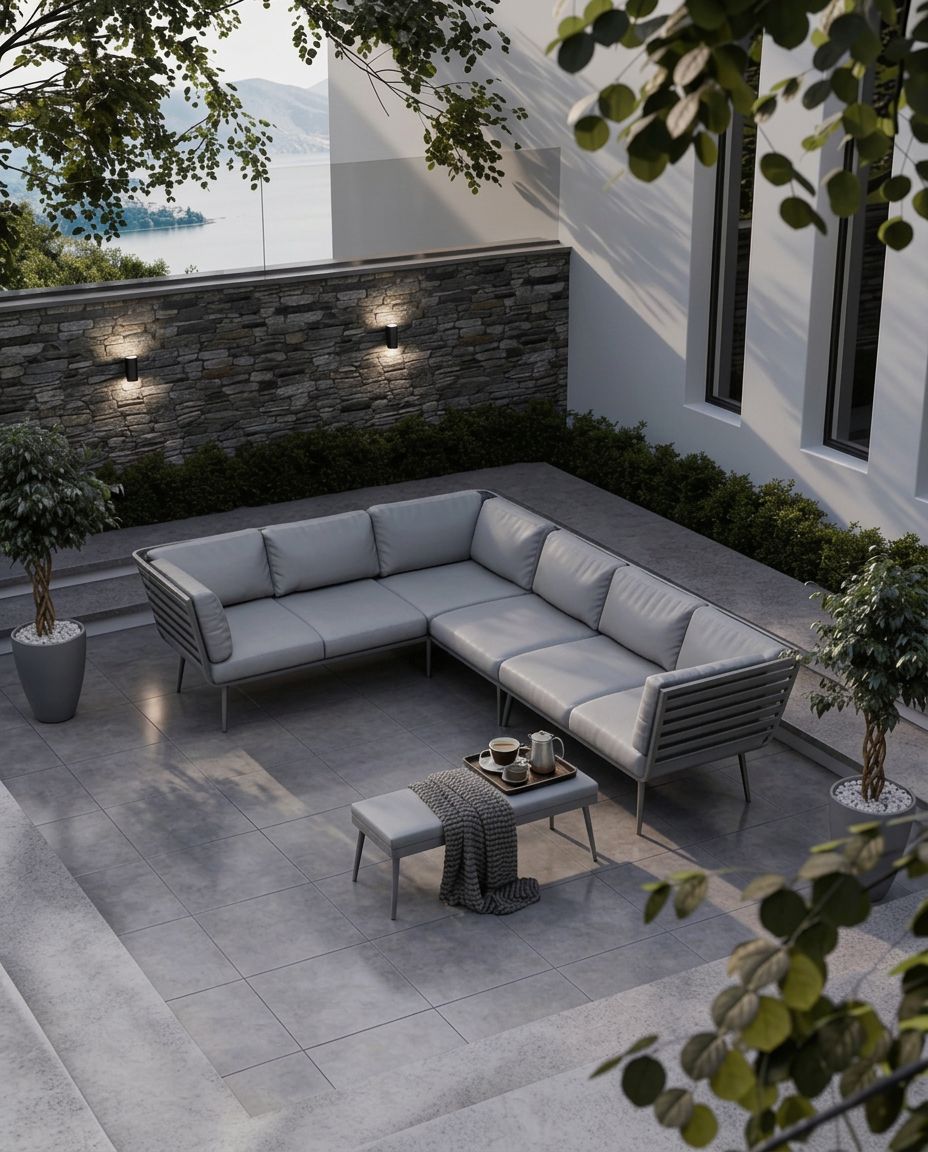 Image of Modern outdoor patio with gray sectional sofa, coffee table, and plants.