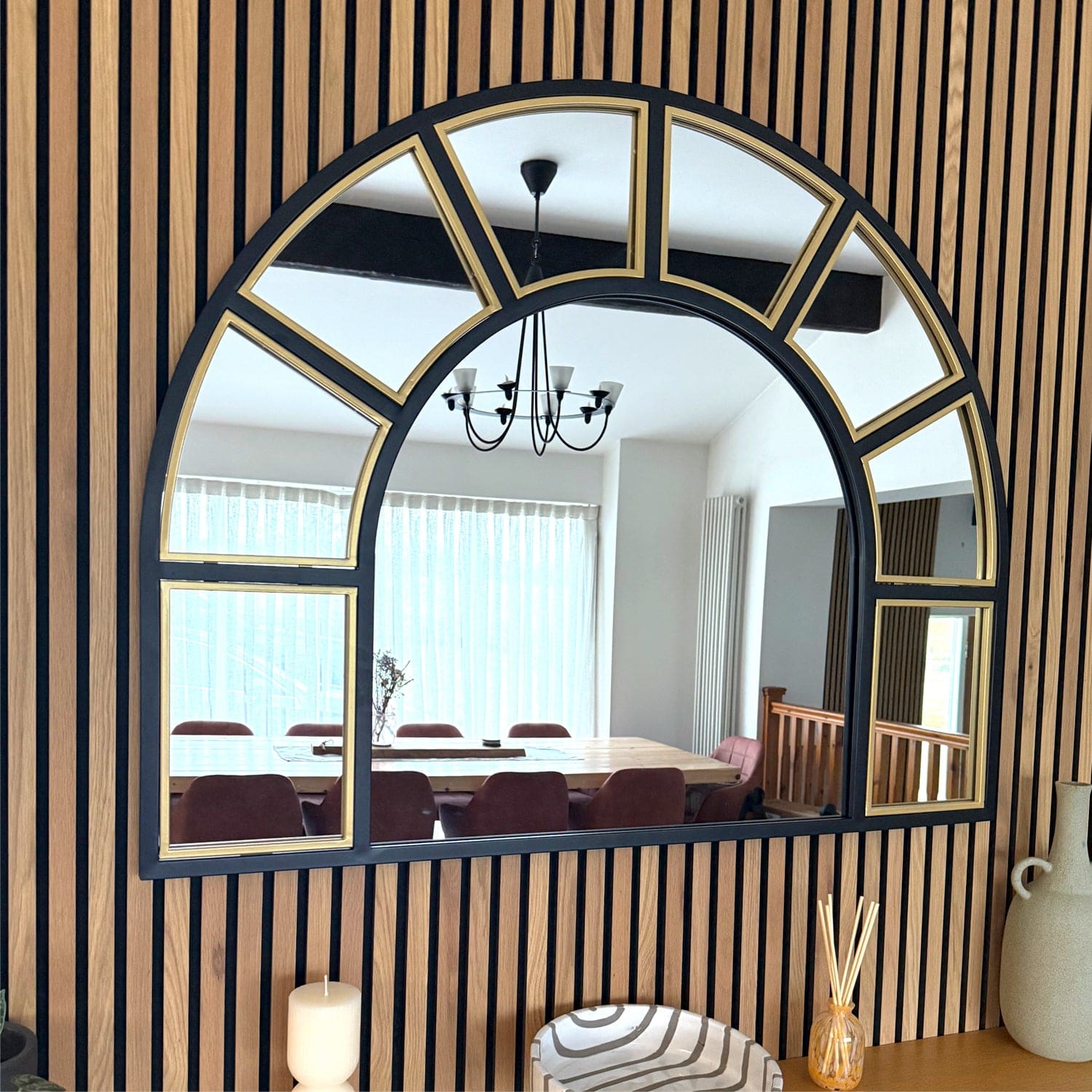 Image of Mio - Black & Gold Metal Arched Window Mirror - 95cm x 120cm