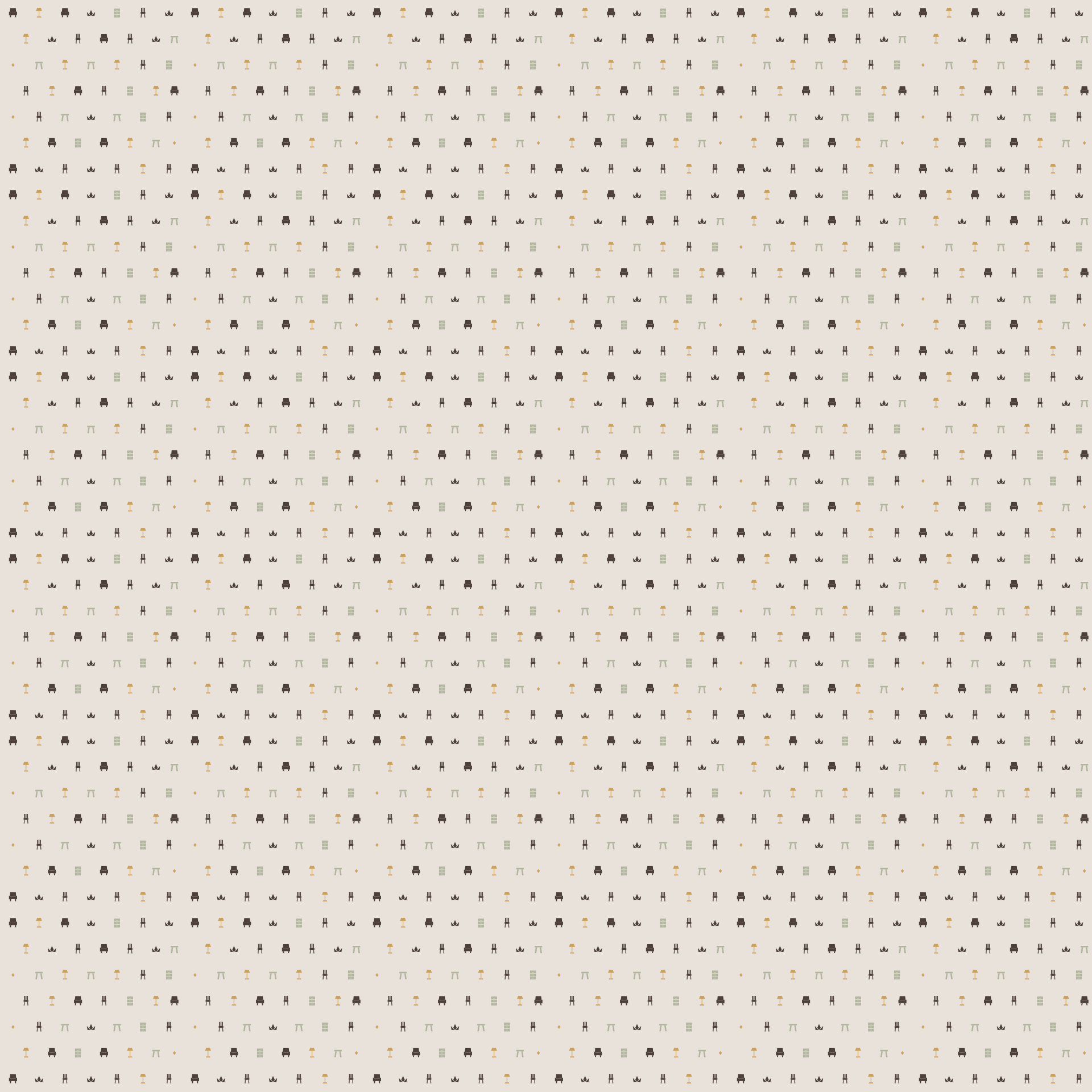 Image of A repeating geometric pattern of small black and dark gray triangle-like marks with tiny orange dot accents on a warm off-white background.