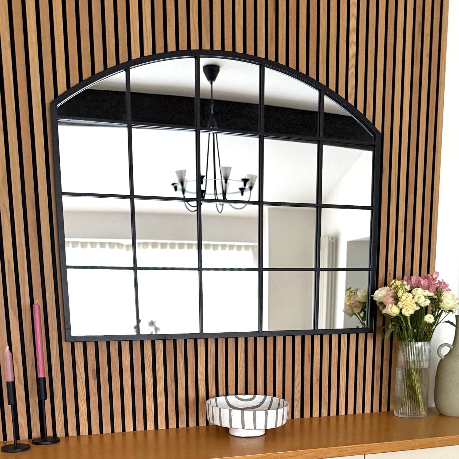 Image of Tomi - Black Metal Arched Lattice Window Mirror - 95cm x 120cm