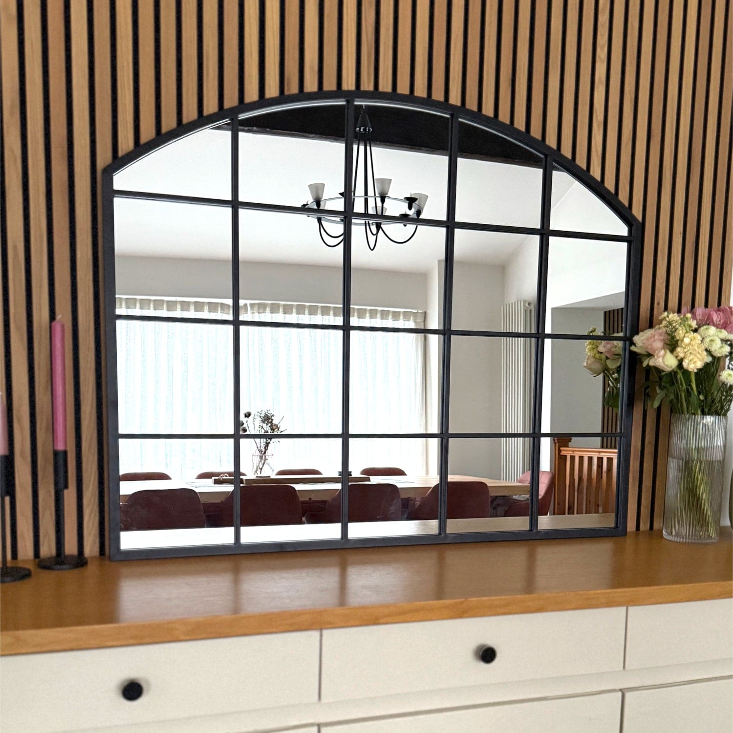 Image of Tomi - Black Metal Arched Lattice Window Mirror - 95cm x 120cm