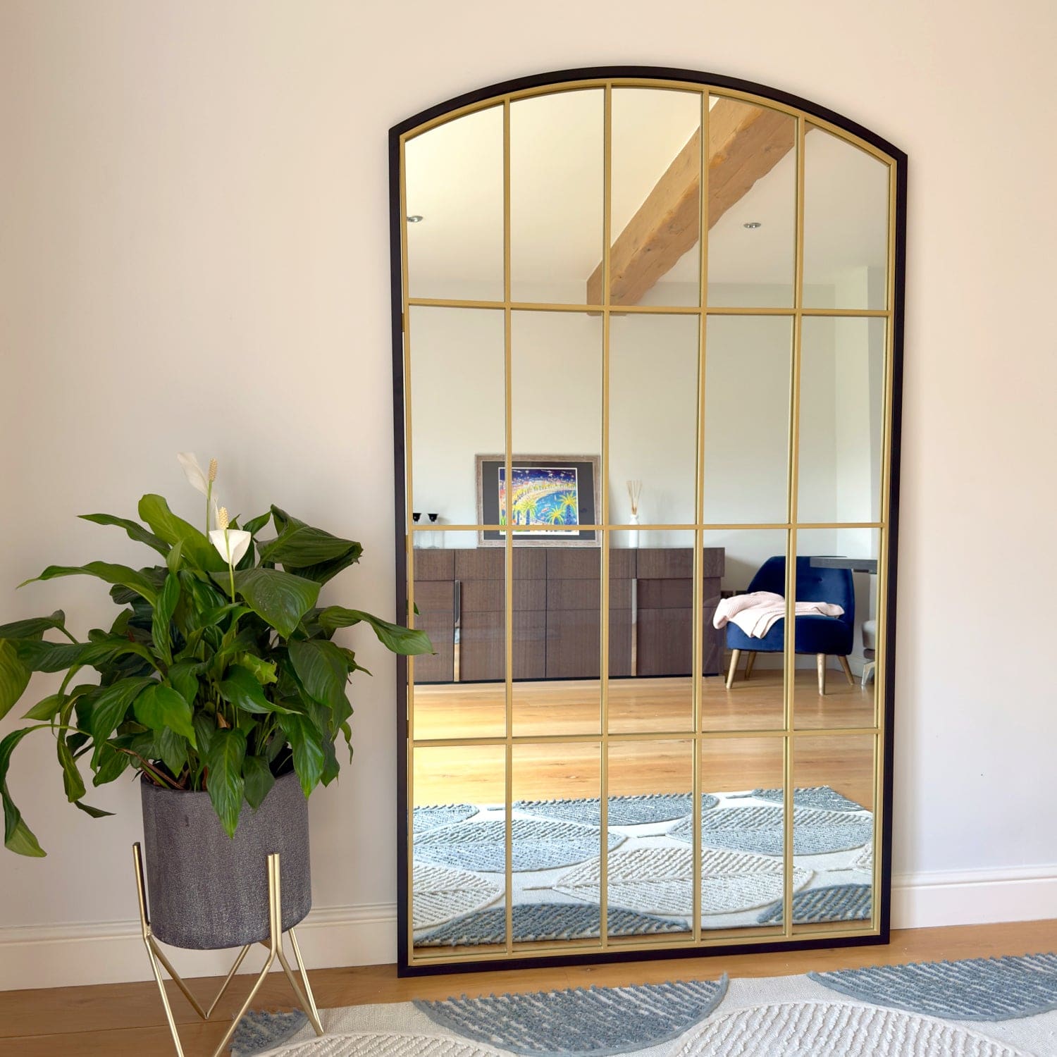 Image of Tomi - Full Length Black & Gold Metal Arched Lattice Window Mirror - 180cm x 105cm