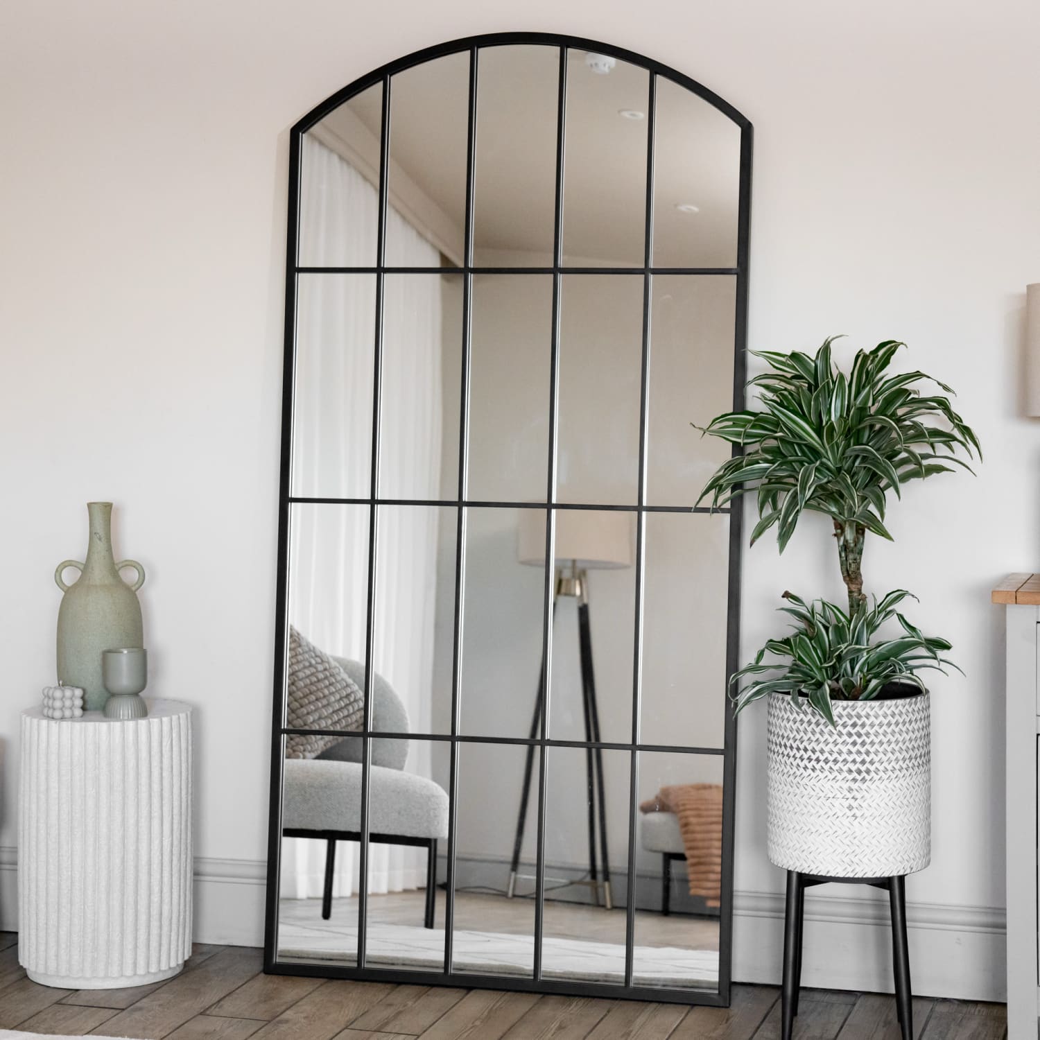 Image of Tomi - Full Length Black Metal Arched Lattice Window Mirror - 180cm x 90cm