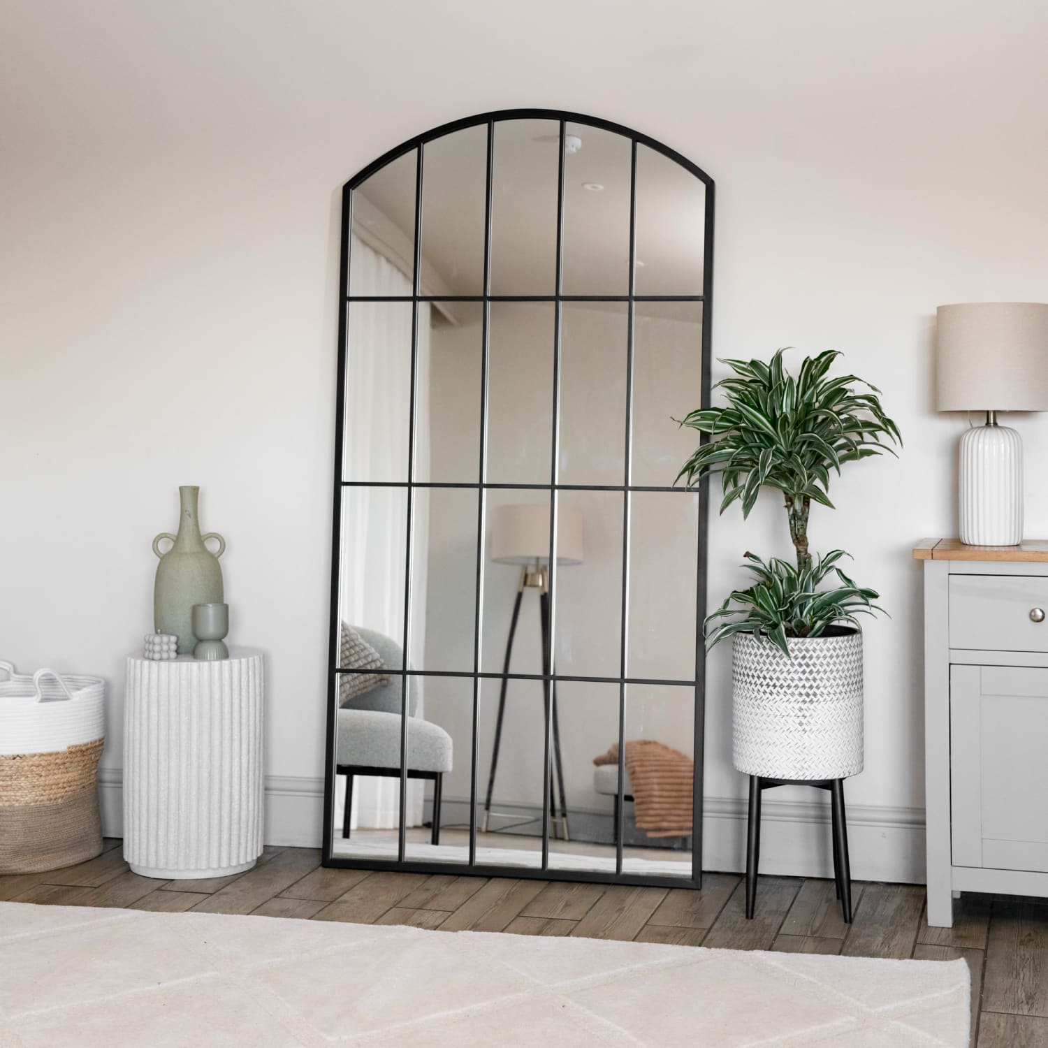 Image of Tomi - Full Length Black Metal Arched Lattice Window Mirror - 180cm x 90cm