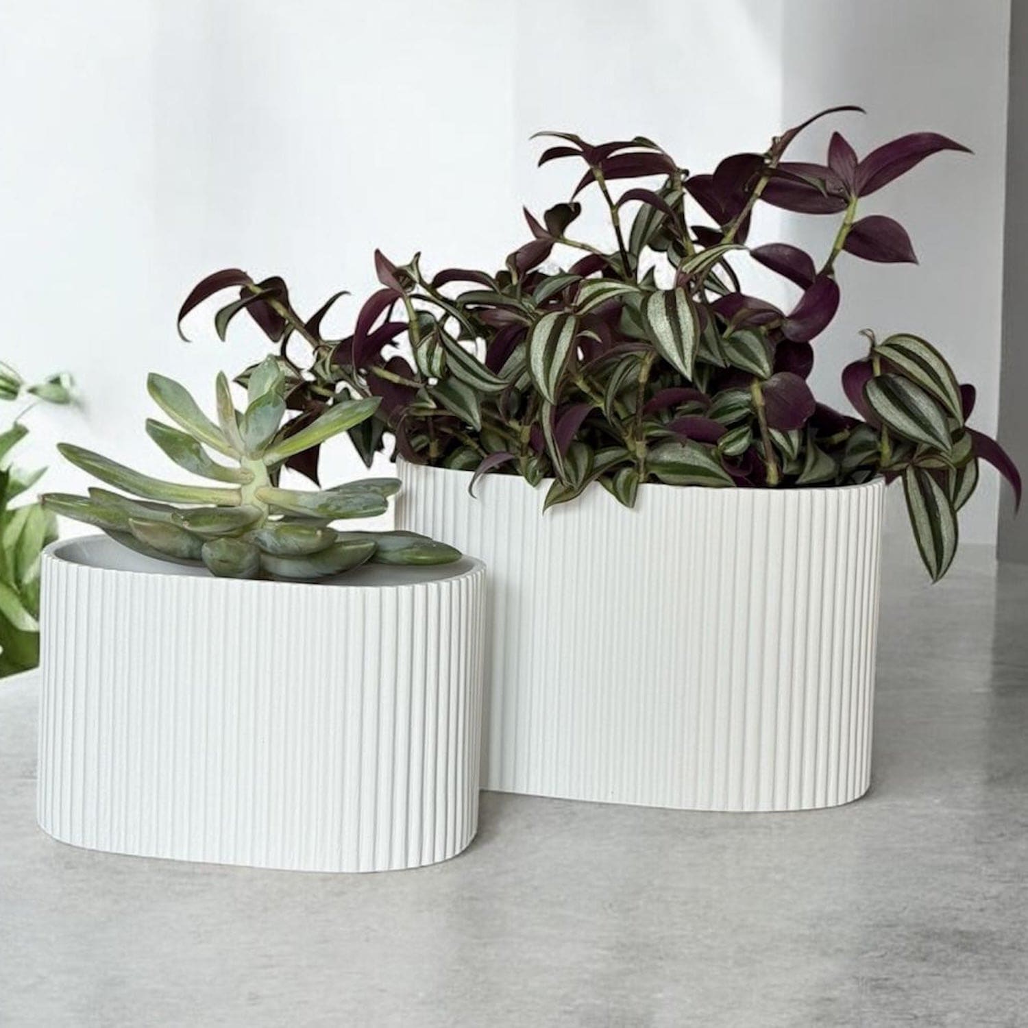 Image of Flutini | White Fluted Oval Stone Resin Indoor Plant Pots (2 Pot Set)